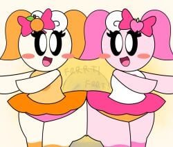 2d 2d_(artwork) 2girls bealmmaker big_ass big_hips black_eyes blush bubble_ass cute duo fart fart_cloud fart_fetish farting_on_thing female female_focus female_only looking_at_each_other oc orange_hair orange_shirt original_characters panties pink_bow pink_hair pink_skin skirt toilet twin_sisters twins white_background white_shirt white_skin