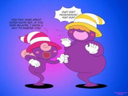 2girls belly belly_button big_belly chubby_belly chubby_female dialogue female female_only laughing marilyn_(mario) paper_mario speech_bubble tickling vivian_(paper_mario)