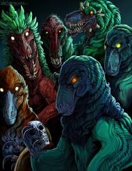 artemis_(primitive_war) blood bodily_fluids bone claws cyclops_(primitive_war) dinosaur dromaeosaurid ephialtes_(primitive_war) feathered_dinosaur feathered_scalie feathers female feral gore group hi_res holding_skull image_comics invincible_(image_comics) looking_at_viewer male mouth_closed open_mouth prehistoric_species primitive_war reptile saurischian scalie scar sharp_teeth skull sobek_(primitive_war) teeth theropod thragg_and_viltrumites_panel tongue utahraptor whyflippenme xipetotec_(primitive_war)