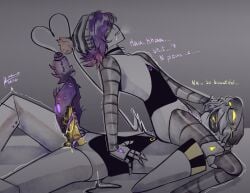 1boy 1boy1girl 1girls beanie beanie_hat grey_background hat intercourse licking_pussy male/female murder_drones n_(murder_drones) purple_eyes pussy sex straight_sex sucking_penis uzi_(murder_drones)
