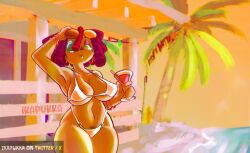 1girls beach big_breasts bikini bracelets breasts button_eye drink_in_hand earrings glitch_productions gooseworx gta_vi_cover_girl hoop_earrings ika_fukka ikapukka ragatha ragatha_(tadc) ragatha_(the_amazing_digital_circus) red-haired_female red_hair solo_female sunglasses tagme tattoo_above_pussy the_amazing_digital_circus thick_thighs triangle_nose wide_hips