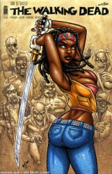 1girls big_breasts breasts cleavage dark-skinned_female dark_skin dreadlocks female_focus garrett_blair image_comics katana large_breasts michonne_grimes solo_focus sword the_walking_dead traditional_media_(artwork)