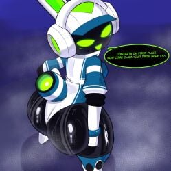 1girls anthro ass big_ass breasts dialogue female green_eyes looking_at_viewer rabbit robot runbash shortstack solo tempo_(project_turboblast) text thick_thighs wide_hips