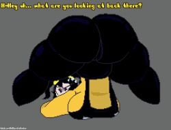 back_view cassidy_(fnaf) chaoticdream english english_text female five_nights_at_freddy's human jack-o_pose nervous overalls pigtails pixel pixel_(artwork) pixel_art pussy_outline self_upload simple_background sweat sweater tagme text