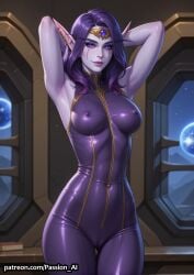 1girl ai_generated ass bodysuit breasts cameltoe colored_skin erect_nipples female hands_behind_head passion_ai pointy_ears purple_skin sci-fi seductive seductive_look seductive_smile sexy_pose standing void_elf warcraft world_of_warcraft xal'atath