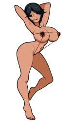 1girls arms_behind_head barefoot bikini black_hair dogtags female female_only green_eyes huge_breasts micro_bikini rubi_malone saberrung wet_(game)