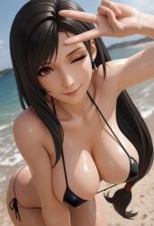 1girls 2026 2d 2d_(artwork) asian asian_female beach beach_background big_breasts bikini bikini_bottom bikini_top black_bra black_hair black_panties bra breasts cleavage digital_drawing_(artwork) digital_media_(artwork) female female_focus female_only final_fantasy final_fantasy_vii final_fantasy_vii_remake hi_res high_quality high_resolution highres leaning leaning_forward light-skinned_female light_skin medium_breasts one_eye_closed panties peace_sign ponytail presenting presenting_breasts seductive seductive_eyes seductive_look seductive_pose seductive_smile showing_off smile smiling tifa_lockhart wink winking winking_at_viewer