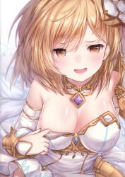 1girls blonde blonde-haired_female blonde_female blonde_hair breasts breasts_out brown_eyes cleavage djeeta_(granblue_fantasy) dress female granblue_fantasy medium_breasts pulling_own_clothes short_hair sleeveless white_dress