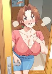 1girls artist_name big_breasts blue_skirt blush breasts brown_eyes brown_hair cleavage clothing delia_ketchum_(pokemon) door doorway female female_only hair mature mature_female mature_woman milf mother nisego pencil_skirt pink_shirt pokemon pokemon_(anime) ponytail shirt skirt solo solo_female steam steaming_body sweat sweatdrop