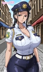 1girls ai_generated belt big_boobs big_breasts black_hair blue_eyes braid braided_hair cap curvy curvy_body curvy_female curvy_figure gloves hat huge_breasts kyoru189 large_breasts light-skinned_female light_skin looking_at_viewer mature_female milf nico_robin one_piece pants police police_hat police_officer policewoman seductive seductive_look seductive_smile shiny shiny_skin shirt short_sleeves solo solo_female standing street tagme tagme_(artist)