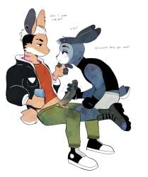 anthro beverage beverage_can blush bodily_fluids boots bottomwear clothed clothing duo ear_piercing english_text erection footwear fur genitals grey_body grey_fur hair handjob handwear hi_res jacket lagomorph leporid male male/male mammal orange_body orange_fur penile penis peonybunny piercing rabbit rose_tattoo scar sex shoes short_tail simple_background smile sneakers stripes sweat tail tattoo text topwear white_hair