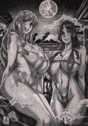 2girls big_breasts breasts cleavage female female_only huge_breasts nami_(one_piece) nico_robin one_piece raidamantes slingshot_bikini swimsuit traditional_media_(artwork)