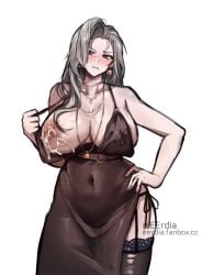 1girls areolae artist_name big_breasts black_dress black_eyes black_thighhighs breasts clothing dress ear_piercing eerdia eruda_erudia female female_only goddess_of_victory:_nikke hair hand_on_hip handwear huge_breasts jewelry lace lace-trimmed_thighhighs lace_trim lactating lactating_nipples lactation lactation_through_clothes legwear long_hair mature mature_female mole mole_on_breast mole_under_mouth mrs._miss_(nikke) necklace neckwear nipples one_breast_out ring solo solo_female white_background white_hair