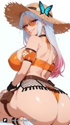 1girl ai_generated armband artist_name ashe_(overwatch) ass back bangs bare_shoulders bikini blizzard_entertainment braid breasts brown_headwear bug butterfly earrings flower from_behind gradient_hair grin hat high_heels jewelry large_breasts lips long_hair looking_at_viewer looking_back nyl_ashe orange-tinted_eyewear orange_bikini overwatch overwatch_2 parted_lips patreon poolside_ashe pouch purple_eyes questionable sandals senpai_pixels sensitive shiny shiny_skin simple_background sitting smile solo straw_hat sun_hat sunglasses swimsuit thick_thighs thigh_strap thighs thong tinted_eyewear white_background