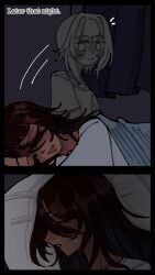 bedroom blue_eyes brown_hair green_hair grey_body jericho_ichabod looking_at_another looking_down pillow sleeping staring the_kid_at_the_back