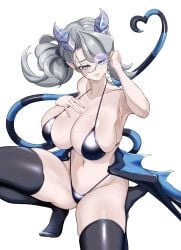 1girls :) :d absurd_res alternate_version_available arias_the_labrynth_butler armpits beautiful beautiful_girl belly_button bikini black_bikini blue_eyes blush boobs butler commission curvy demon demon_girl demon_horns demon_tail demon_wings female female_only fringe full_body hand_on_breast hi_res huge_breasts konami legwear light_skin looking_at_viewer mischievous_smile modeling monocle navel one_arm_up painted_nails pale_skin pink_nails ribbon seductive seductive_smile shyneetoji side_view silver_hair simple_background sling_bikini smile solo stockings string_bikini tail teeth thick_thighs tiptoes voluptuous wings woman younger_female yu-gi-oh! yu-gi-oh!_master_duel