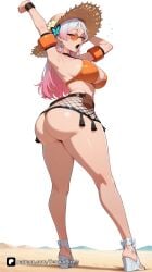 1girl ai_generated armband armpits arms_up artist_name ashe_(overwatch) ass bangs beach belt bikini blizzard_entertainment breasts closed_eyes earrings fishnets flower full_body gradient_hair hat hat_flower high_heels jewelry large_breasts long_hair looking_back looking_over_eyewear open_mouth orange-tinted_eyewear overwatch overwatch_2 patreon pink_hair poolside_ashe questionable sand sandals senpai_pixels sensitive sideboob simple_background solo standing straw_hat stretching summer_games_series sunglasses swimsuit thighs thong tinted_eyewear twisted_torso white_background white_hair wristband