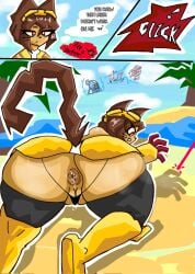 anthro anus ass_bigger_than_head ass_focus back_view beach beach_background bored_expression brown_hair cat_ears cat_tail color doggy_style dress dress_lift exposed_pussy female_only gameoverse geno_naket glitch_productions goggles_on_head hi_res kit_(gameoverse) kit_bodega kneeling long_tail looking_away neko pussy pussy_lips solo_female stockings talking_to_another text_bubble thick_thighs