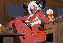 1girls ai_generated alcohol beer breasts cloth clothes clothing demon demon_girl female goat_eyes hooters hooters_uniform horns horror horror_(theme) large_breasts light_blue_eyes long_braid monster_girl muscular muscular_female original original_character paigen pointy_ears pouch pubes red_skin sharp_nails sharp_teeth shirt shorts sofia_(paigen) unusual_eyes white_hair white_tongue