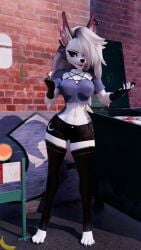 3d 3d_(artwork) alley alleyway annoyed annoyed_expression artist_logo artist_name bare_shoulders barefoot barrier blender booty_shorts building choker clothed clothed_female crop_top damaged_ear dumpster ear_piercing ear_tuft evening female_focus female_only flipping_off flipping_the_bird flipping_viewer_off furry furry_female furry_only gloves helluva_boss latex long_hair looking_at_phone loona_(bysamzan) loona_(helluva_boss) muffintop20 on_phone outdoors outside pentagram red_sclera self_upload shorts small_breasts solo solo_female thigh_highs torn_ear watermark white_eyes white_fur white_hair wolf wolf_ears wolf_girl wolf_humanoid wolf_tail