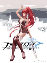 aztodio breasts cleavage cordelia_(fire_emblem) dress english_text fire_emblem fire_emblem_awakening garter_belt garter_straps hair_ornament japanese_text long_hair navel pink_thighhighs ponytail red_boots red_dress red_eyes red_hair small_breasts spear text_focus thigh_boots thighhighs thighs very_long_hair weapon