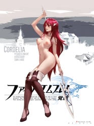 aztodio breasts cordelia_(fire_emblem) english_text fire_emblem fire_emblem_awakening hair_ornament japanese_text long_hair medium_breasts navel nipples red_boots red_eyes red_hair spear text_focus thigh_boots thighhighs thighs very_long_hair weapon wide_hips