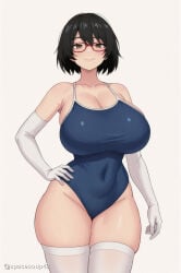 1girl ai_generated bare_shoulders black_hair blue_one-piece_swimsuit blush breasts brown_eyes chainsmoker_cat cleavage closed_mouth collarbone competition_school_swimsuit covered_navel cowboy_shot curvy elbow_gloves glasses gloves hair_between_eyes hand_on_own_hip huge_breasts looking_at_viewer one-piece_swimsuit red-framed_eyewear school_swimsuit short_hair simple_background smile solo standing swimsuit tatsuno_saori thick_thighs thighhighs thighs white_background white_gloves white_thighhighs yani_neko