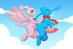 3_fingers 3_toes absurd_res ai_generated anal anal_penetration animal_genitalia anthro anthro_on_anthro anthro_penetrated anthro_penetrating anthro_penetrating_anthro balls bandai_namco big_balls big_penis blue_body blue_eyes bodily_fluids breath butt cloud crossover cum cum_in_ass cum_inside cum_on_body cum_on_butt cum_on_penis digimon digimon_(species) digimon_tamers duo fangs feet fingers flying genital_fluids genitals gold_ring green_eyes half-closed_eyes hand_on_partner's_butt heart_(marking) hi_res huge_balls huge_penis long_ears long_tail looking_at_another looking_at_partner male male/male male_penetrated male_penetrating male_penetrating_male marineangemon mew_(pokemon) mouth_closed narrowed_eyes nintendo open_mouth open_smile outside_sex paws penetration penile penile_penetration penile_spines penis penis_in_ass pink_body pokemon pokemon_(species) red_scarf scarf sex sheath shiny_pokemon sky smile smiling_at_partner sweat tail teeth toes wings yiff_ai_(director)
