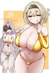2girls arms_behind_back bikini black_flower black_hairband black_rose blindfold blonde_hair breasts cleavage curvy elbow_gloves flower gloves goddess_of_victory:_nikke gold_bikini gold_gloves golden_week grey_hair hair_between_eyes hair_ornament hairband heart huge_breasts index_finger_raised large_breasts licking_lips long_hair looking_at_viewer multiple_girls navel outside_border pale_skin red_eyes red_flower red_rose red_shoes_(nikke) rose rose_(nikke) short_hair side-tie_bikini_bottom simple_background smile string_bikini swimsuit thick_thighs thigh_gap thighs tongue tongue_out very_long_hair white_border wide_hips