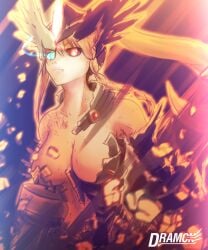 1girl armor big_breasts blonde_hair broken_armor digimon digimon_(species) long_hair mastemon solo