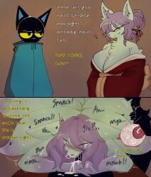 anthro anthrofied asian_clothing asphyxiation big_breasts black_body black_fur blush bodily_fluids breasts canid canine choking choking_on_penis clothed clothing comic cum cum_inside dialogue digital_media_(artwork) domestic_cat duo east_asian_clothing english_text erection eye_roll felid feline felis female female_penetrated fox fur generation_1_pokemon genital_fluids genitals hair hi_res huge_breasts hyper japanese_clothing kimono kitsuyuki looking_pleasured male male/female male_penetrating male_penetrating_female mammal ninetales nintendo nude open_mouth oral oral_penetration penetration penis pokemon pokemon_(species) sex shirogane_yuki_(kitsuyuki) simple_background smile tail text