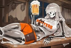1girls ai_generated alcohol beer bones breasts cloth clothes clothing female goo_creature hair_over_eyes hooters hooters_uniform horror horror_(theme) large_breasts lime_(paigen) monster_girl original original_character paigen pouch shirt shorts skeleton skull skull_face slime slime_girl undead visible_skeleton white_hair