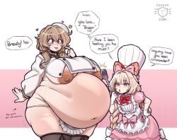 2girls after_vore bad_end bad_ending bready_(nikke) commander_(nikke) digestion fatal_vore implied_vore nikke post_digestion post_vore sideboob suddencube_(artist) tagme unseen_character vore vore_belly weight_gain