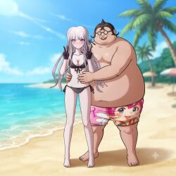 1boy 1girls ai_art ai_generated artist_request beach beach_background bikini danganronpa danganronpa_s:_ultimate_summer_camp embarrassed embarrassed_expression embarrassed_female fat_male hand_on_hip hands_on_hips kirigiri_kyouko lavender_hair long_hair peace_sign pretty_girl purple_eyes ugly_bastard ugly_man v_sign yamada_hifumi