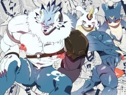 2020 abs anthro armor bandai_namco belt biceps big_muscles big_nipples black_nose blue_body blue_bottomwear blue_clothing blue_fur blue_jeans blue_pants bottomwear canid canine canis claws clothed clothing comic cover denim denim_bottomwear denim_clothing digimon digimon_(species) dragon duo erection erection_under_clothing exveemon facial_horn front_view fur gabumon hatake hi_res horn huge_muscles japanese_text jeans looking_at_viewer male mammal mane muscular muscular_anthro muscular_arms muscular_male mythological_creature mythological_scalie mythology nipples nose_horn pants pecs pink_tongue quads red_clothing red_nipples red_underwear scalie side_view sitting snout tenting text tongue torn_clothing triceps underwear underwear_only veemon weregarurumon white_body white_fur white_mane wolf