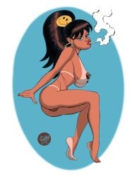 1girls ass big_ass big_breasts body_bags breasts cigarette dark-skinned_female dark_skin female latina nipple_piercing nipples panda_delgado pussy smoking solo tagme_(artist) tanline