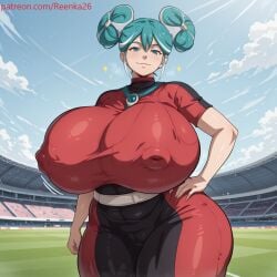 1girls ai ai_generated aqua_eyes aqua_hair big_ass big_breasts bodysuit breasts gigantic_breasts hair_buns hand_on_hip huge_ass huge_breasts inazuma_eleven inazuma_eleven_(series) mercury_(inazuma_eleven) nipple_bulge outdoors patreon patreon_username reenka25 short_sleeves smile soccer stadium thick thick_ass thick_thighs two-tone_hair white_belt