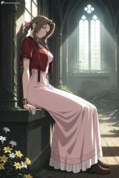 1girl aerith_gainsborough ai_generated bow bracelet braid braided_ponytail breasts brown_footwear brown_hair church cleavage cropped_jacket digitalwaifugallery dress final_fantasy_vii flower full_body green_eyes hair_ribbon hi_res high_quality high_resolution indoors jacket jewelry lily_(flower) long_dress long_hair looking_at_viewer medium_breasts open_clothes open_jacket parted_bangs parted_lips patreon pink_bow pink_dress pink_ribbon red_jacket ribbon seductive sexy short_sleeves sidelocks sitting smile solo sunlight uncensored watermark window