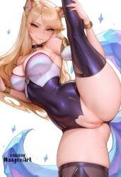 1girl ahri ahri_(league_of_legends) ai_generated animal_ears artist_name bangs bare_shoulders black_thighhighs blonde_hair blush bracelet breasts choker cleavage covered_navel earrings explicit facial_mark fox_ears fox_girl fox_tail jewelry k/da_(league_of_legends) k/da_ahri large_breasts league_of_legends league_of_legends:_wild_rift leg_up leotard long_hair looking_at_viewer nuageeart piercing pussy pussy_juice riot_games simple_background smile solo split spread_legs standing standing_on_one_leg standing_split tail thighhighs thighs uncensored whisker_markings white_background yellow_eyes zipper