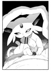 2026 ambiguous_feral ambiguous_gender ambiguous_on_human bestiality black_background blush blush_lines border censor_bar censored censored_genitalia censored_penis cheek_tuft digital_drawing_(artwork) digital_media_(artwork) duo eeveelution espeon facial_tuft female_(lore) feral first_person_view forehead_gem forked_tail gem generation_2_pokemon half-closed_eyes human human_on_feral interspecies looking_at_another male male_human male_on_feral mammal masha monochrome narrowed_eyes nintendo paws pokemon pokemon_(species) pokephilia pubes quadruped sex simple_background tail tuft under_covers unusual_anatomy unusual_tail white_border