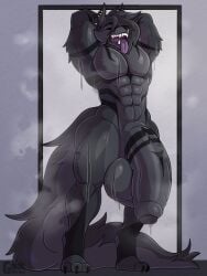 3:4 anthro balls big_balls big_muscles big_penis black_body black_fur black_marks black_nose bodily_fluids canid canid_demon canine deadzgaia demon dire_wolf ear_piercing foreskin fur genitals glans hellhound hi_res huge_balls huge_penis humanoid_genitalia humanoid_penis hybrid hyper hyper_balls hyper_genitalia hyper_penis male male/male mammal muscular muscular_male mythological_canine mythological_creature mythology penis piercing prehistoric_species solo standing tail tyler_(xjghostx)