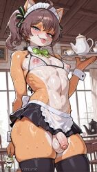 1boy 1girl ahoge ai_generated animal_ears bikini bikini_top_only black_thighhighs blue_eyes blush bowtie brown_hair cat_ears covered_nipples cup decurse foreskin furry holding holding_tray looking_at_viewer maid maid_headdress male_focus natsuiro_matsuri navel nipples penis see-through side_ponytail skirt smile solo sweat swimsuit tanlines teacup teapot testicles thighhighs tongue tongue_out tray virtual_youtuber
