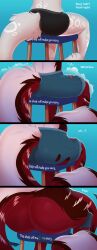 anthro big_butt body_expansion butt butt_expansion chair comic cursed_object dialogue digital_drawing_(artwork) digital_media_(artwork) english_text expansion fur furniture growth hi_res male_to_female nude red_body sitting sjevi solo tail text thick_thighs transformation transformation_sequence wide_hips