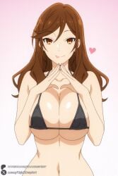 1female 1girl 1girls 2026 :p ai_generated artist_name big_ass big_breasts bikini black_bikini breasts brown_eyes brown_hair cleavage collarbone curvy gradient gradient_background heart hi_res high_quality high_resolution highres hori_kyouko horimiya huge_ass huge_breasts large_breasts long_hair looking_at_viewer micro_bikini navel patreon patreon_username pink_background smile solo swimsuit tongue tongue_out unjobdespiert upper_body watermark web_address