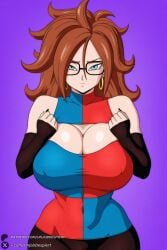 1female 1girl 1girls 2026 ai_generated android_21 android_21_(human) artist_name bare_shoulders big_ass big_breasts black-framed_eyewear black_nails blue_eyes breasts brown_hair checkered_clothes checkered_dress cleavage covered_nipples curly_hair curvy detached_sleeves dragon_ball dragon_ball_fighterz dragon_ball_z dress earrings glasses hi_res high_quality high_resolution highres hoop_earrings huge_ass huge_breasts jewelry large_breasts long_hair looking_at_viewer multicolored_clothes nail_polish patreon patreon_username purple_background simple_background solo unjobdespiert watermark web_address