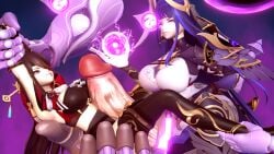 beidou_(genshin_impact) futa_on_female futaflux futanari huge_cock raiden_shogun_(magatsu_mitake_narukami_no_mikoto)