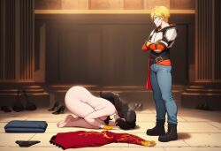 ai_generated black_hair cinder_fall defeated_villainess dogeza dominant_female folded_clothes jaune_arc naked_female nude_female rwby side_view submissive_female