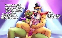 absurd_res alligator alligatorid anthro boner bow_tie choker clothing comic crocodilian dialogue duo english_text erection eyewear five_nights_at_freddy's five_nights_at_freddy's:_security_breach foreskin fronty gay gay_anal gay_sex genital_slit genitals glamrock_freddy_(fnaf) glasses half-closed_eyes hat headgear headwear hi_res humanoid_genitalia humanoid_penis jewelry male male/male male_on_bottom male_on_top male_only mammal masturbation montgomery_gator_(fnaf) narrowed_eyes necklace nude on_bottom on_top open_mouth penetration penile penile_masturbation penis profanity reptile reverse_cowgirl_position ridged_penis scalie sex slit text thekinkybear tongue tongue_out top_hat uncut ursid video_games