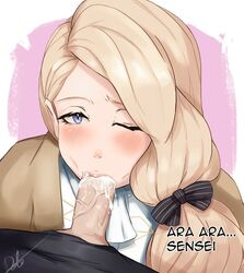 ara_ara blonde_hair blue_eyes blush bow byleth_(fire_emblem) byleth_(fire_emblem)_(male) cum cum_in_mouth deliciousbra english_text fellatio fire_emblem fire_emblem:_three_houses long_hair mercedes_von_martritz nintendo one_eye_closed oral saliva side_ponytail source_request text unseen_male_face