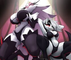 2girls animal_ears animal_feet animal_nose anthro armpits arms_behind_head arms_up ass_visible_through_thighs black_bra black_panties black_sclera black_sleeves black_thighhighs body_fur bra breasts cleavage clothing collar colored_sclera coolerinker crown detached_sleeves dog_ears ear_piercing eyebrow_piercing female from_below furrification furry furry_female glowing_eyes grabbing_own_breast grey_hair grin hair_over_one_eye helluva_boss huge_breasts inker_comics inkershike large_breasts legwear long_hair looking_at_viewer loona_(helluva_boss) multicolored_hair multiple_girls navel navel_piercing panties piercing pokemon_(creature) red_eyes red_sclera sharp_teeth smile snout spiked_collar spikes squatting stella_(helluva_boss) swimsuit tail teeth thighhighs thighs two-tone_fur underwear white_fur wolf_ears wolf_girl wolf_tail